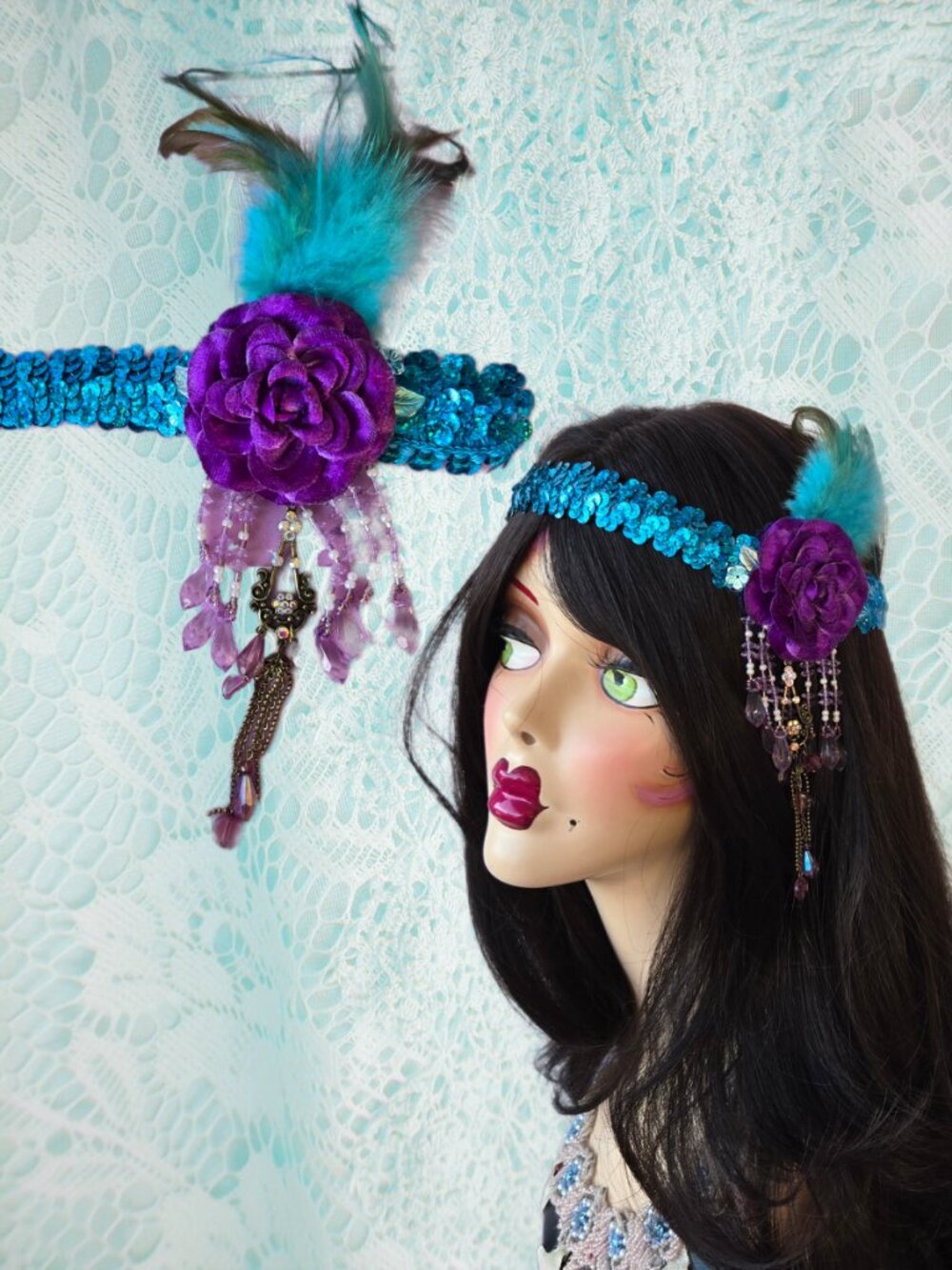 Handmade Headband Flapper 1920s-Inspired Purple  Velvet Turquoise Sparkly Sequin